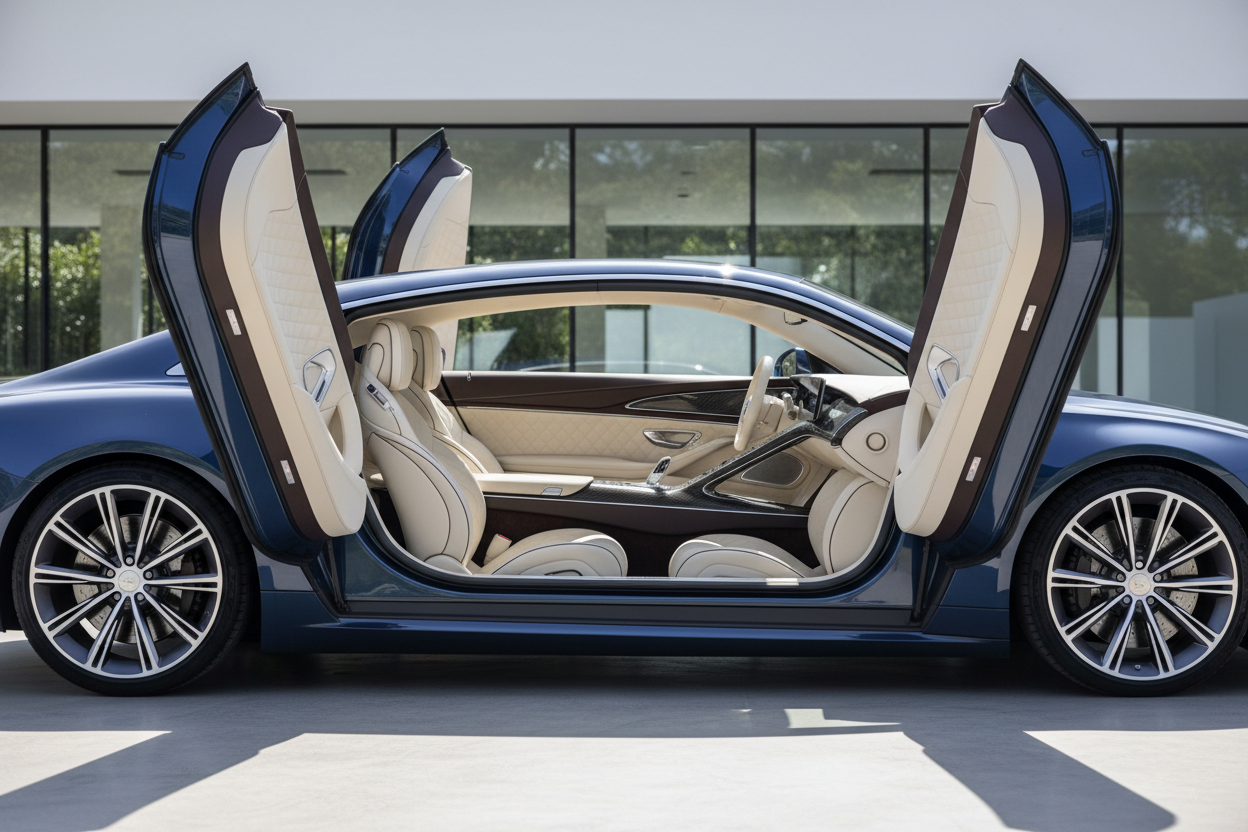 zoom out side shot of the car with doors open and showing the interiors